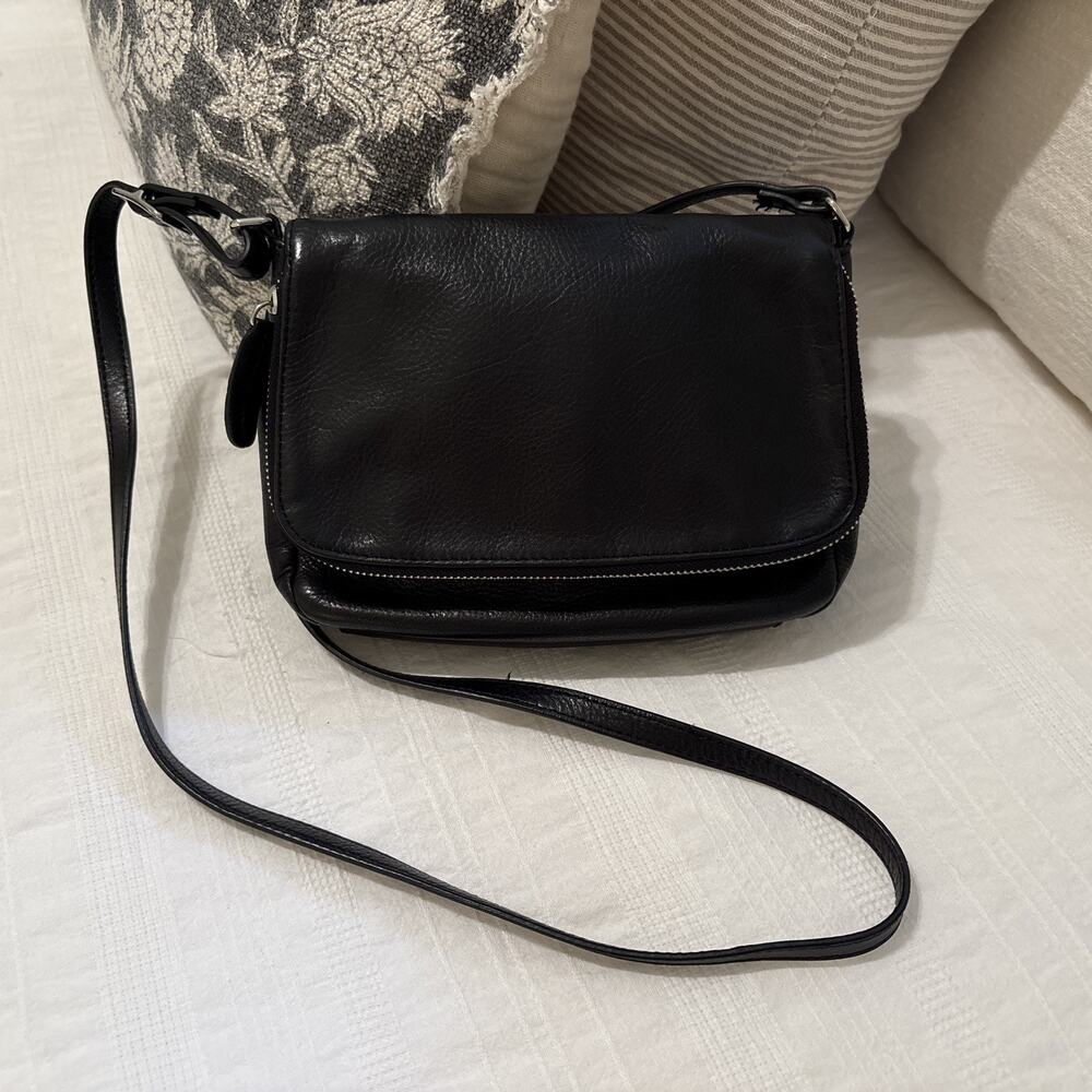 Margot Black Leather Crossbody Fold over Zippered Purse